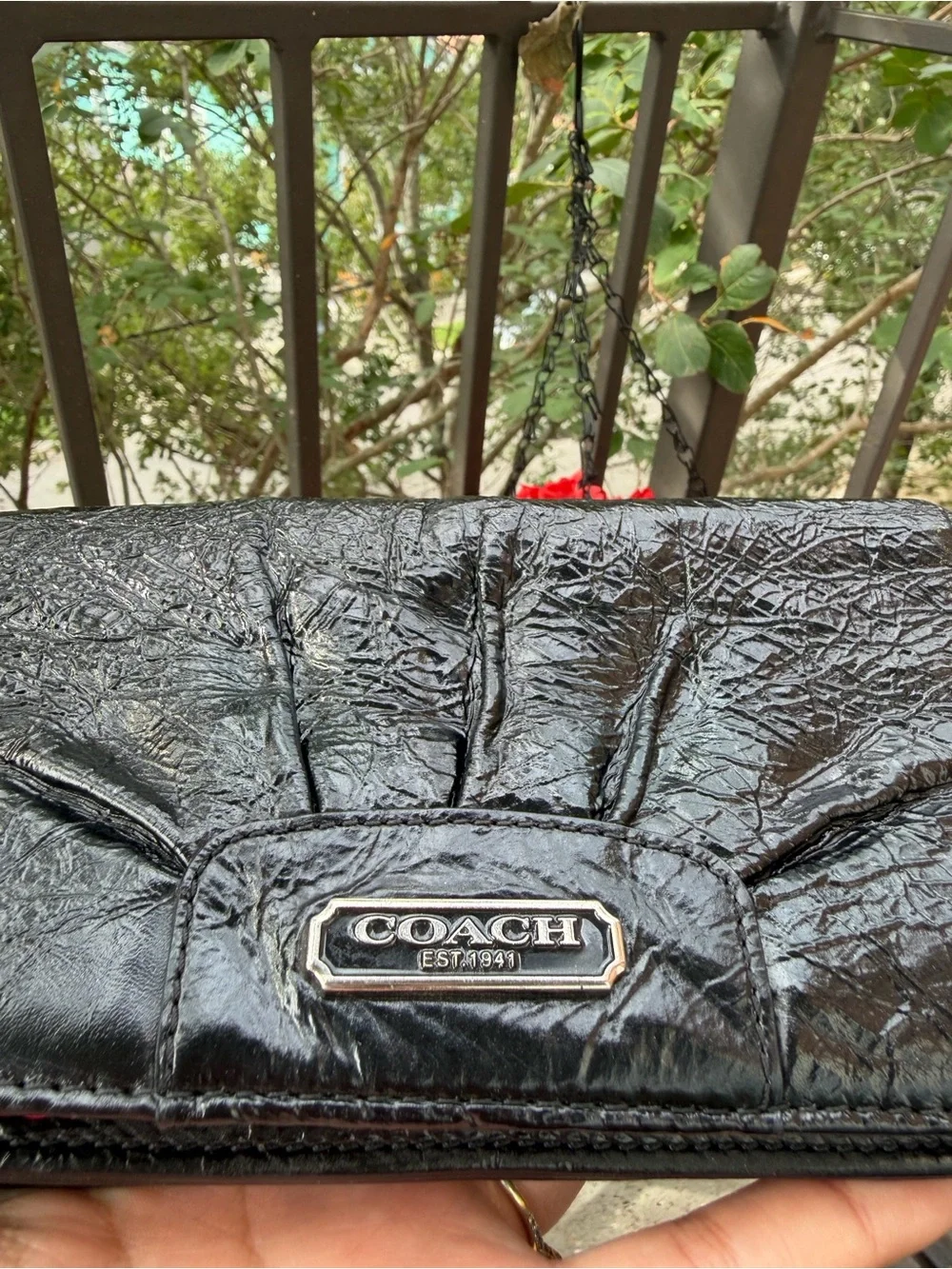 COACH Black Textured Leather Card & Key Holder with Signature Plaque